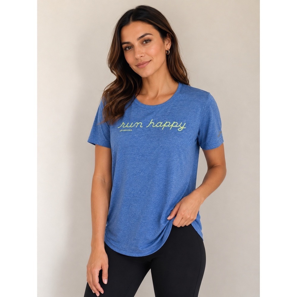Brooks Run Happy Blue Heathered Graphic Running T-Shirt Womens XL Short Sleeve
